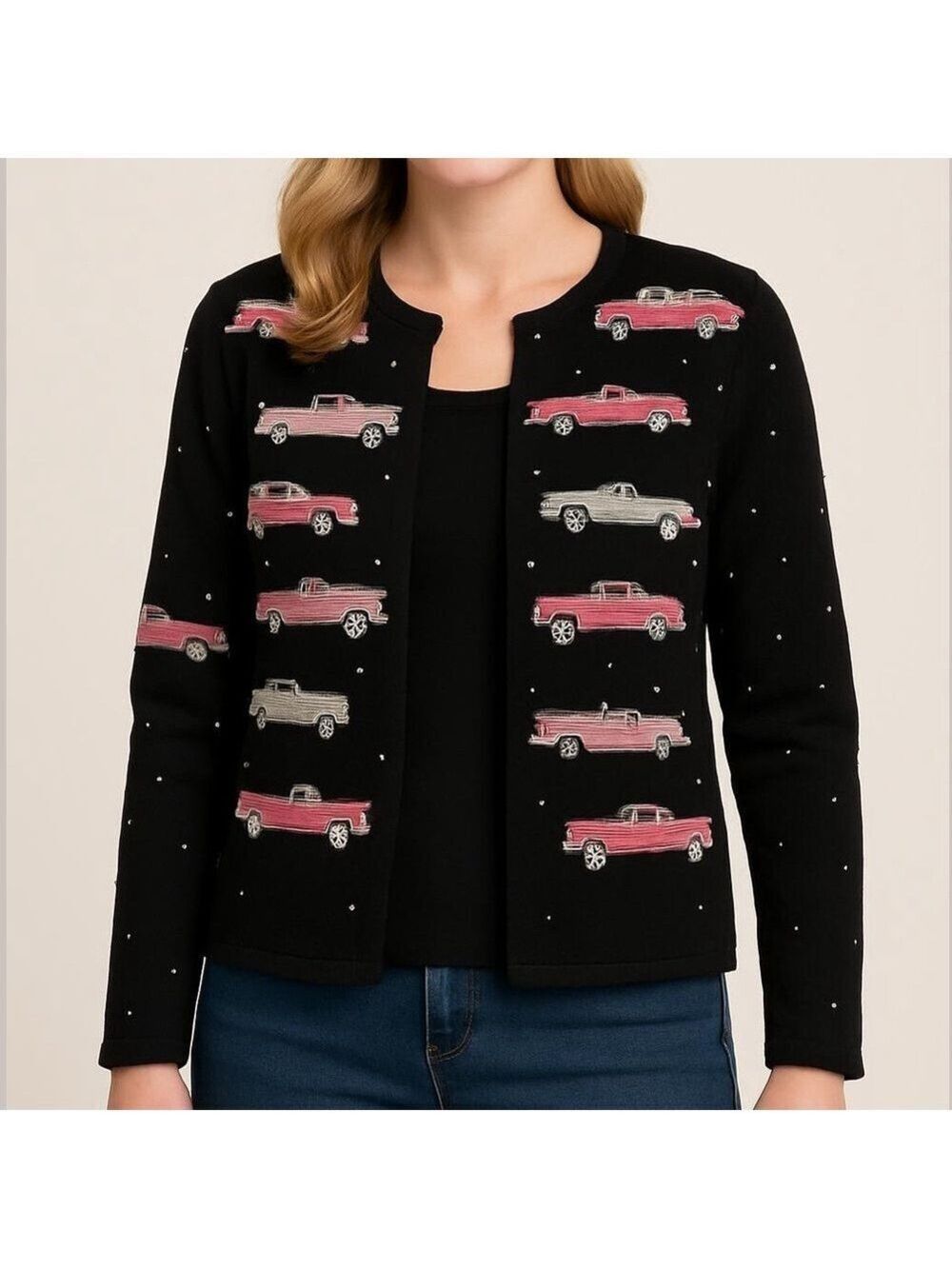 Vintage Michael Simon cardigan beaded pink Cadillacs black sweater size small